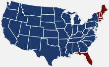 map of USA showing the service areas highlighted in red